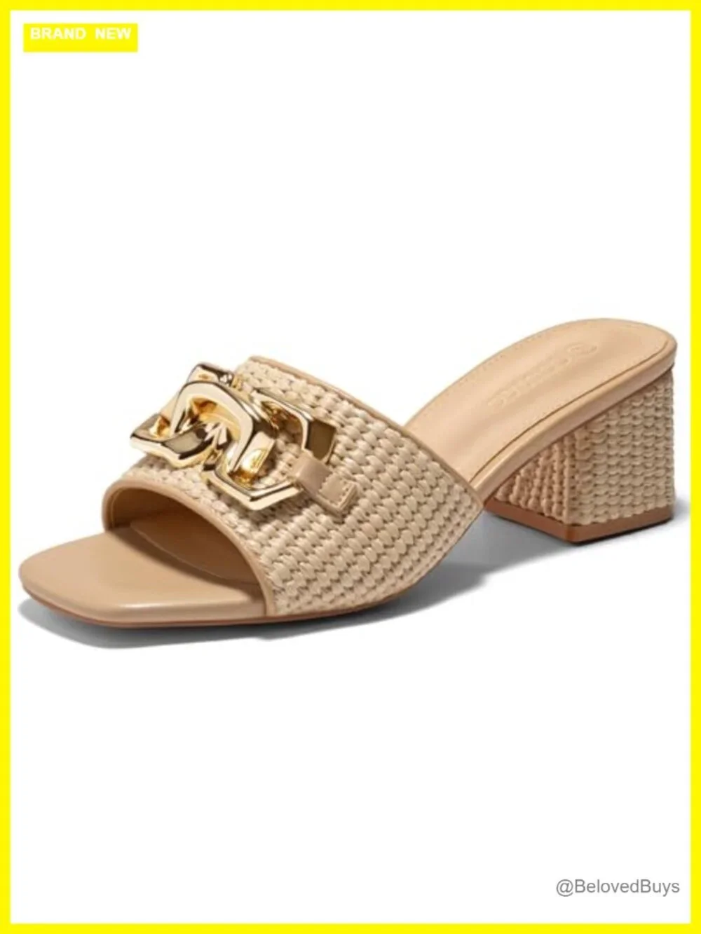 Raffia Slide Sandals Chunky Block Heeled Square Open Toe Metal Chain Slip on